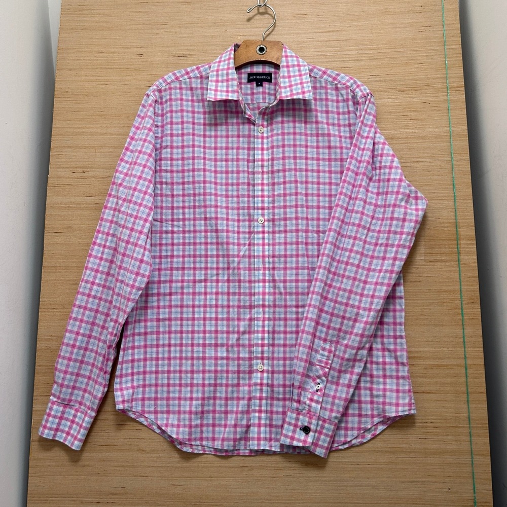 Jack Maverick Mens Medium Pink Blue Plaid Long Sleeve Button Down Shirt